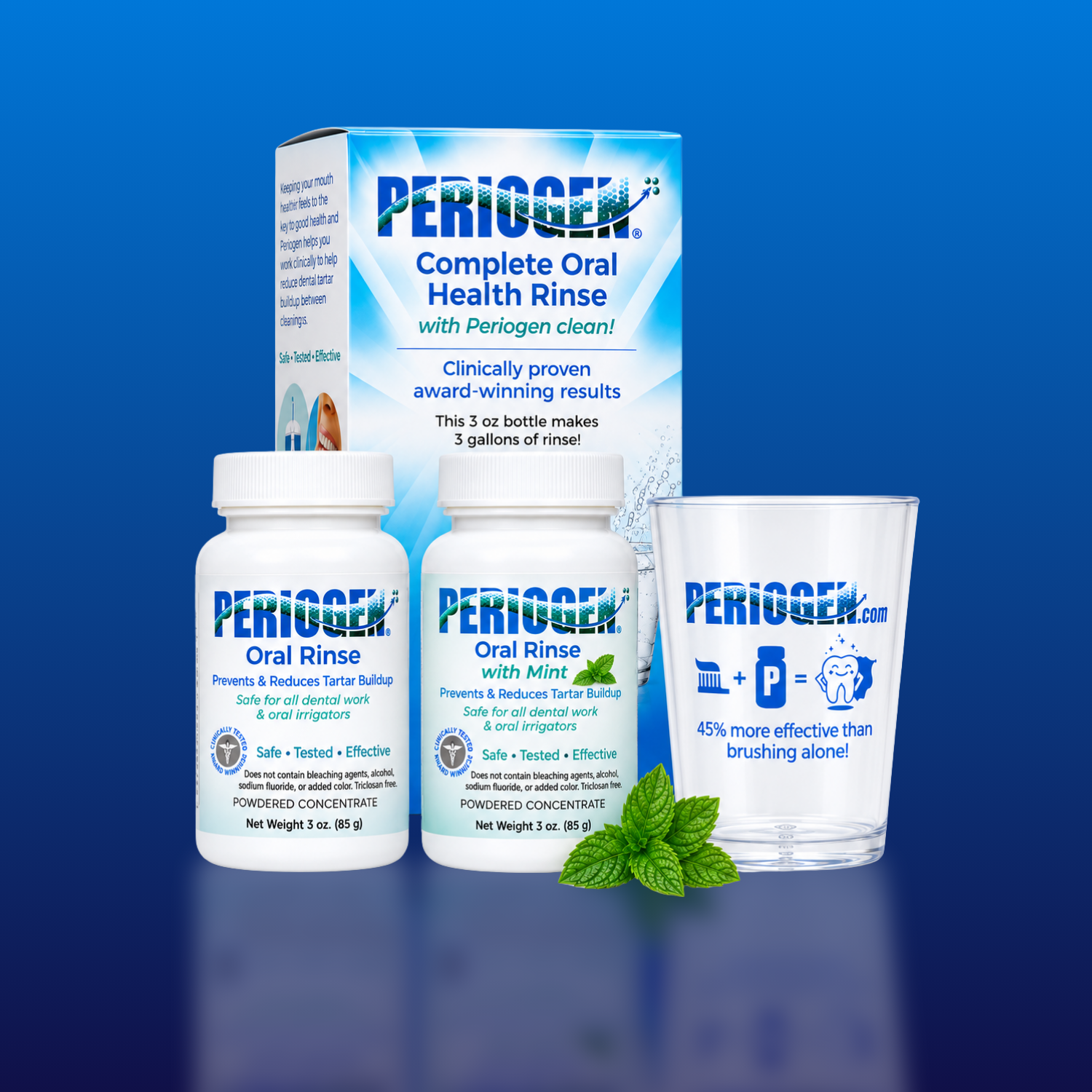Periogen oral rinse and toothpaste products